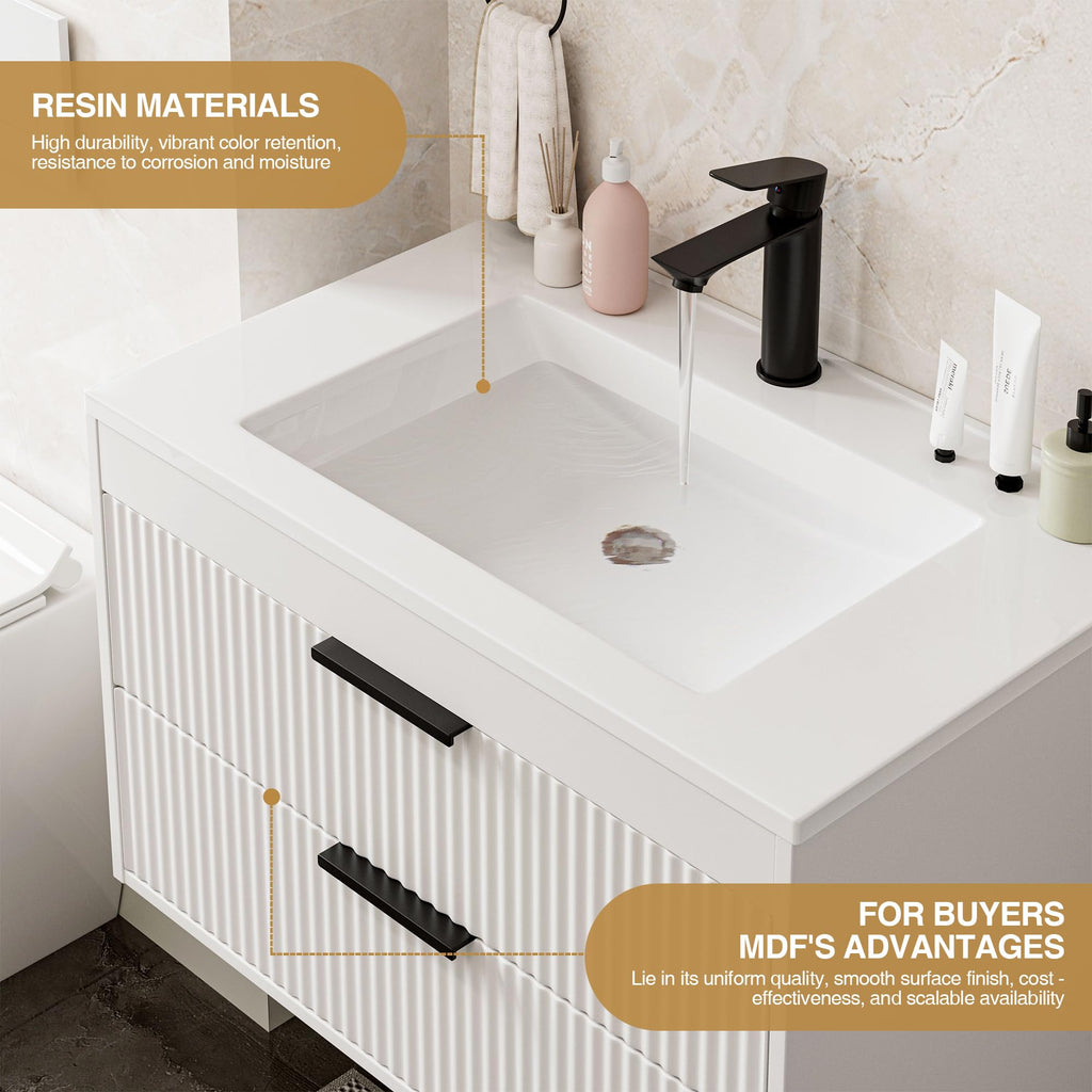 30 Inches Modern MDF Bathroom Vanity with Sink, Wall Mounted Floating Cabinets w/Double Drawers, Black Handles, White Resin Sink Combo Set (White, 30")