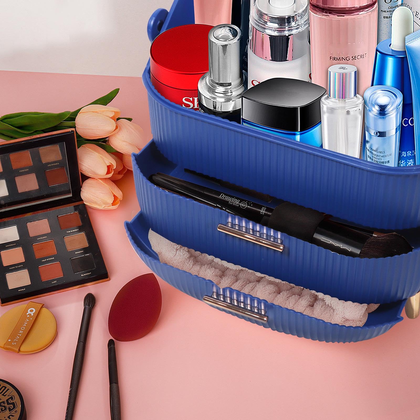 MASSY Egg Shape(Oval) Makeup Storage Box, Countertop Portable Vanity Cosmetics Organizer Preppy