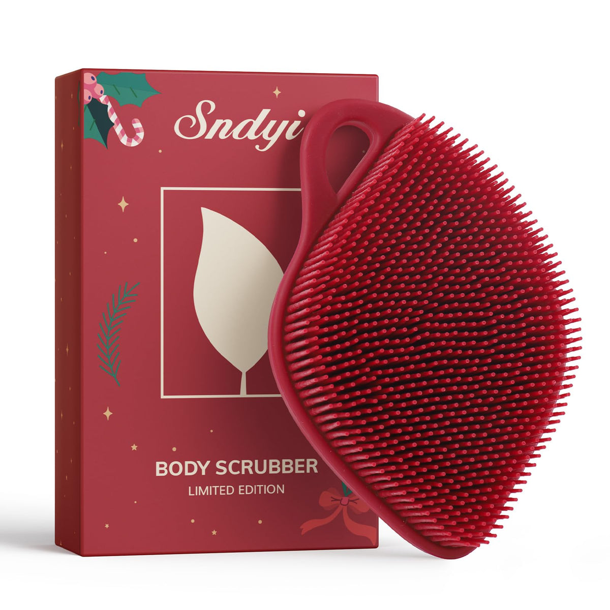 Sndyi Silicone Body Scrubber, Gentle Exfoliating Body Scrubber for Sensitive Skin, Leaf Shaped Shower Scrubber for Body with Lathering Bristles, Silicone Loofah Body Brush for Showering, Red