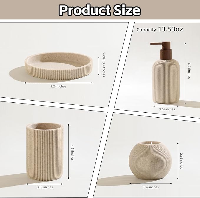 WUUAHOME Bathroom Accessories Set, 5 PCS Sandstone Look Stripe Modern Bath Organizer with Soap Dispenser, Toothbrush Holder, Tumbler, Soap Dish, Candle Holder for Countertop Kitchen Sink (Beige)