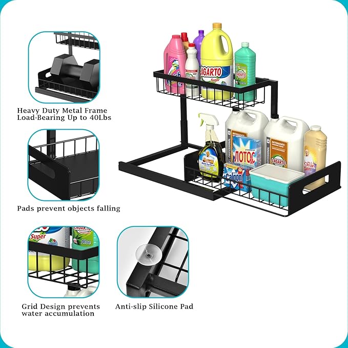 REALINN Under Sink Organizer, Pull Out Cabinet Organizer, 2 Tier Metal Slide Out Shelf with L Shaped Design for Kitchen, Bathroom, Laundry, and Utility Cabinet Storage for Deep Cabinets, Black, 1 Pack