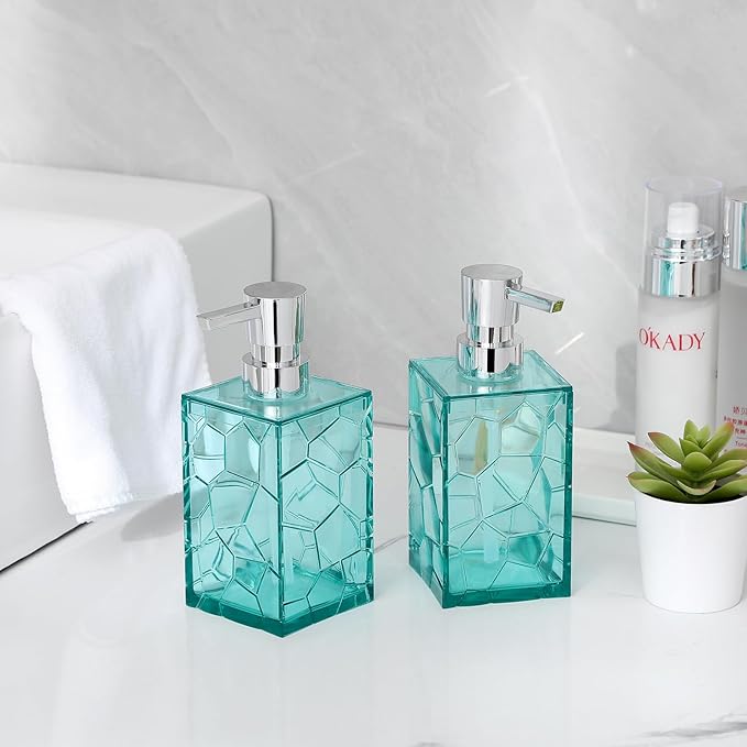 Hand Soap Dispenser, Clear Acrylic Plastic Liquid Pump Bottles Refillable Lotion Dispenser for Bathroom Decor Kitchen College Dorm, Teal 2 Pack