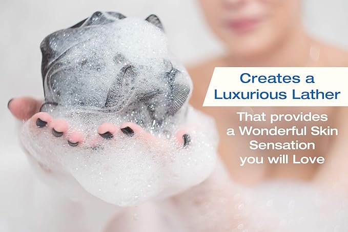 XXL 90g Charcoal Shower Loofah 3 Pack by Tilcare - Perfect Bath Sponge for Exfoliating for Men & Women - Body Scrubber Brush for Cleansing and Smooth Skin - Scrubbies That Remove Excess Oil and Dirt