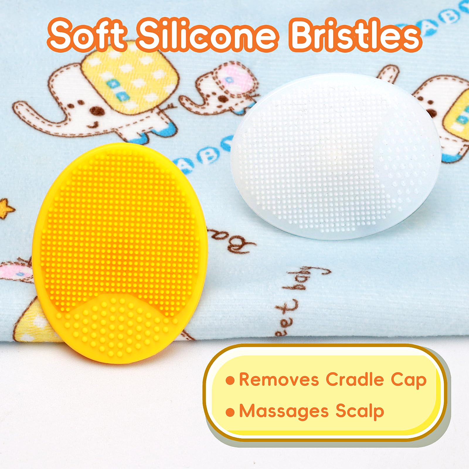 Cradle Cap Brush for Babies, Set of 5 Baby Bath Essentials with Bath Sponge Silicone Scrubber Long Handle Comb for Newborns Toddlers Boys Girls (Orange)