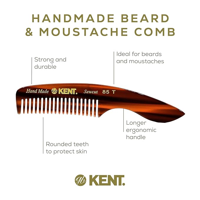 KENT 85T Small Wide Tooth Beard and Mustache Pocket Comb, Coarse Toothed Travel Size for Facial Hair Grooming and Beard Care. Saw-cut of Quality Cellulose Acetate, Hand Polished. Hand-Made in England