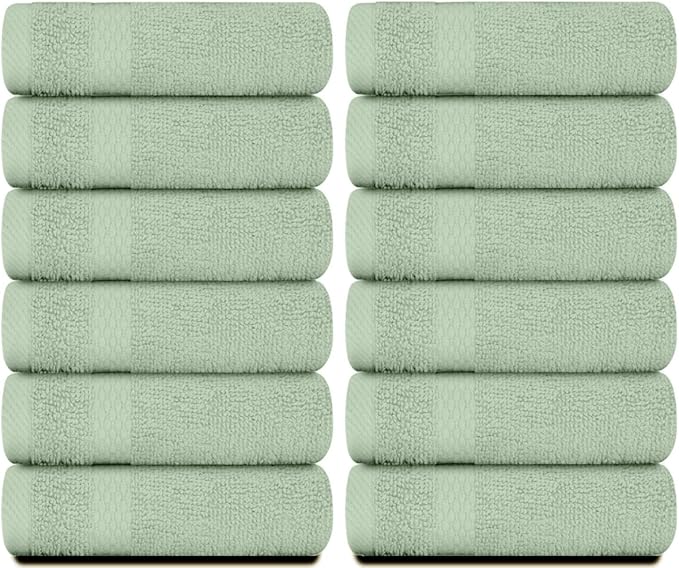 White Classic Luxury Cotton Washcloths 13x13 Inch - 650 GSM Turkish Cotton | Hotel, Spa, Bathroom Face Towel | 12 Pack, Mint Green
