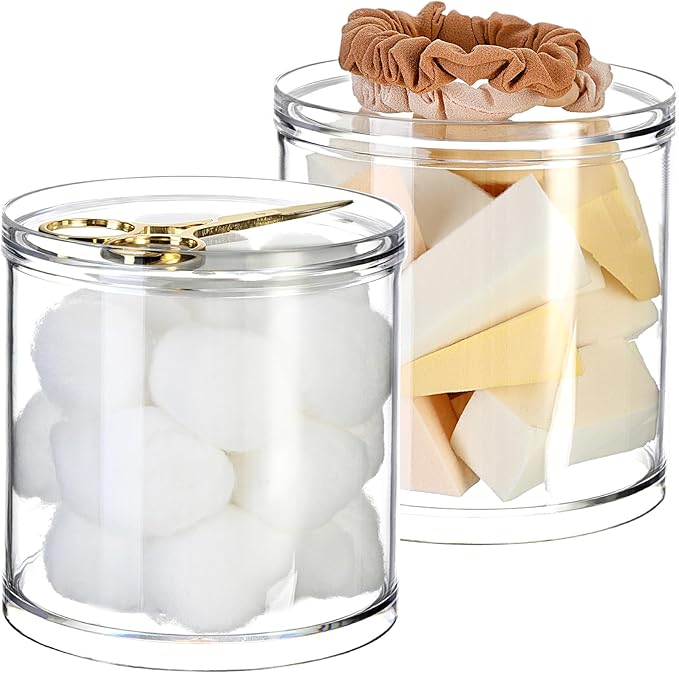 SheeChung 2-Pack Large 20oz Stackable Apothecary Jars - Clear Qtip Holder Dispenser with Storage Lids - Jumbo Size Bathroom Essentials Organizer for Cotton Balls, Pads, Bath Salts
