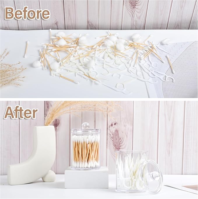Emlim Clear Bathroom Organizer with Lid - 2-Pack Cotton Ball and Cotton Swab Storage Tins for Vanity Storage