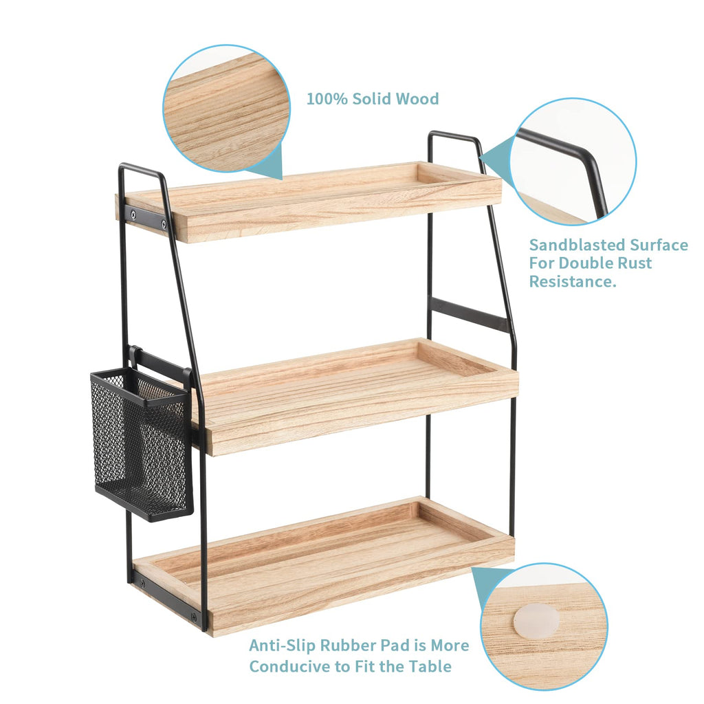 Nroech Bathroom Organizer Countertop, 3-Tier Standing Counter Shelf with Basket, Wood Tray for Kitchen Vanity Organizer