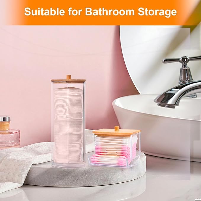 AIMIXUN 2 PCS Cotton Swab Dispenser, Pad Holder with Bamboo Lids, Qtip Bathroom Qtip Storage Container Bathroom Canisters with Lids, Cotton Round Dispenser for Floss Hair Ties Jewelry