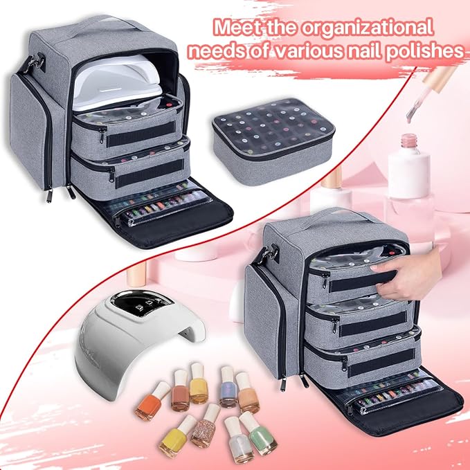 UOZL Nail Polish Organizer Case Hold 90 Bottles with 3 Detachable Bag,Grey