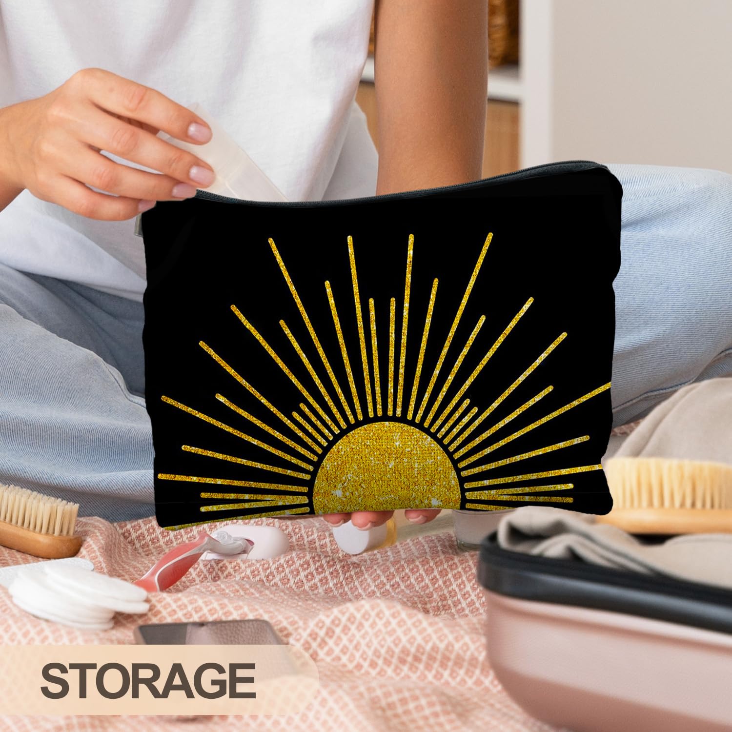 RYYCDOI Boho Makeup Bag, Boho Abstract Black and Gold Sun Sunshine Makeup Bags for Women, Boho Gifts for Women, Boho Makeup Pouch Zipper Pouch, Aesthetic Makeup Bag