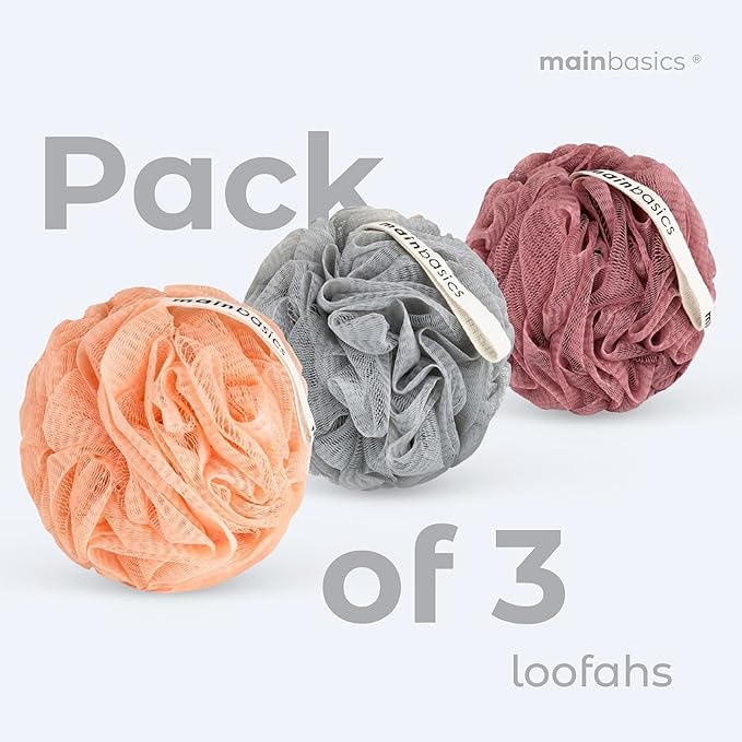 MainBasics Shower Loofah Sponge Pouf, Set of 3, Coral Reef