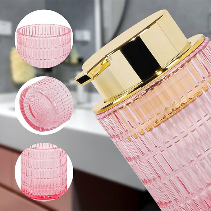 Tonxus 2pcs Foaming Soap Dispenser, Pink Glass Foam Soap Dispenser for Bathroom and Kitchen, 10 Oz Refillable Foaming Pump Bottle with Large Pump, Ribbed Bottle Container Decor