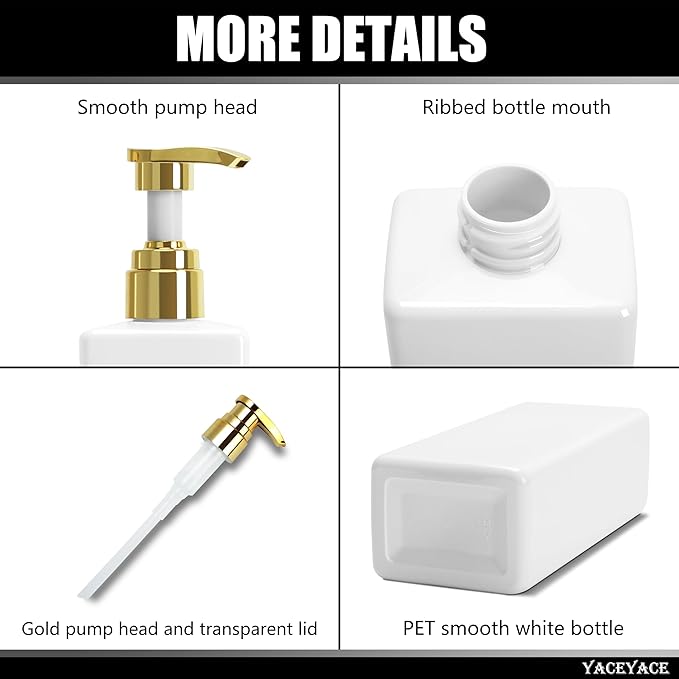 White With Gold Pump Shampoo Bottles Set of 3, 500ml Refillable Shower Dispenser, Rectangular Plastic Bottles with Pump, Glass & Metal Free