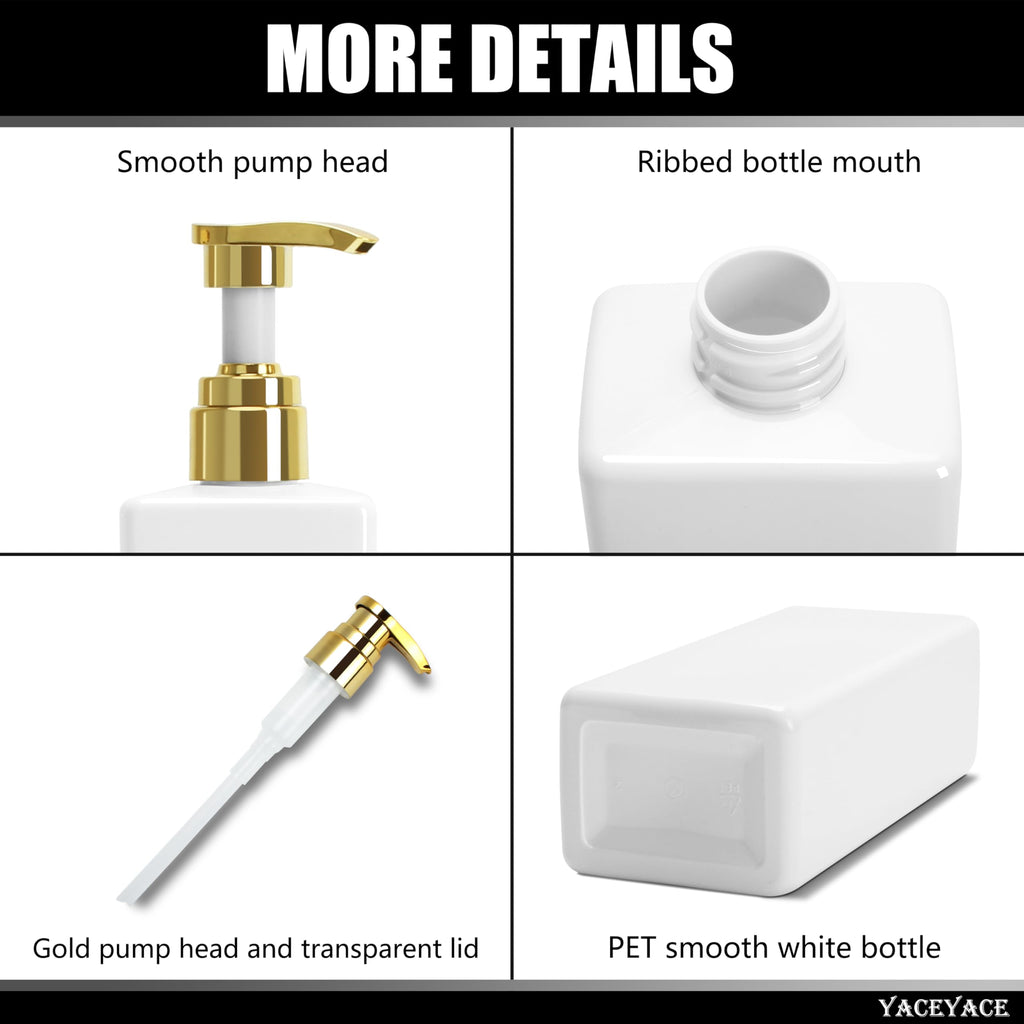 White Shampoo Bottles with Gold Pump, YACEYACE 16.9oz Set of 3 Empty