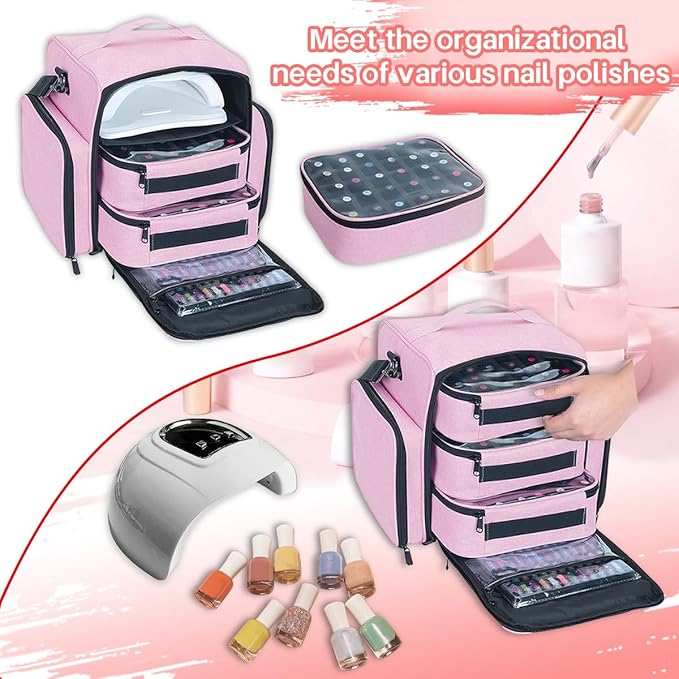 UOZL Nail Polish Organizer Case Hold 90 Bottles with 3 Detachable Bag,Pink