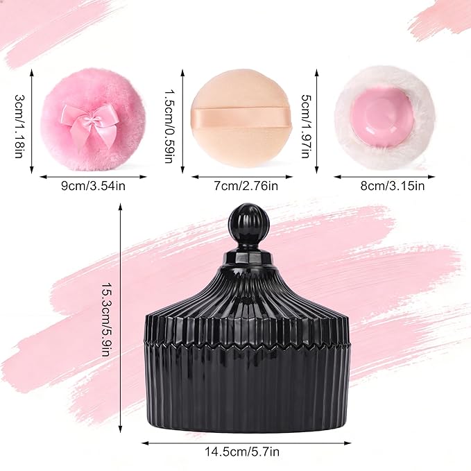 XHDMY Extra Large Body Powder Puff and Container Set Crystal Powder Container with 3 Soft Velour Power Puffs for Women Baby Face Body Washable Reusable Wet Dry Makeup Mother's Day Gifts (Black)