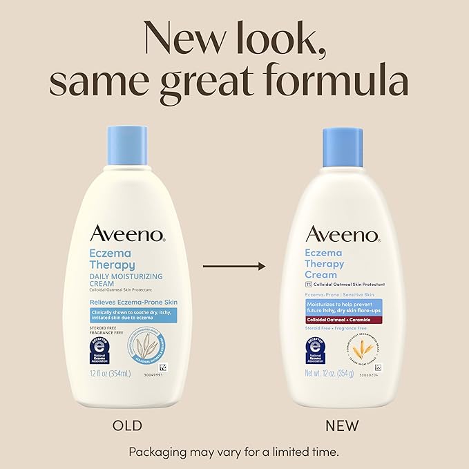 Aveeno Eczema Therapy Daily Moisturizing Body Cream for Sensitive Skin, Soothing Eczema Relief Cream, Colloidal Oatmeal & Ceramide for Dry & Itchy Skin, Steroid- & Fragrance-Free, 12 oz
