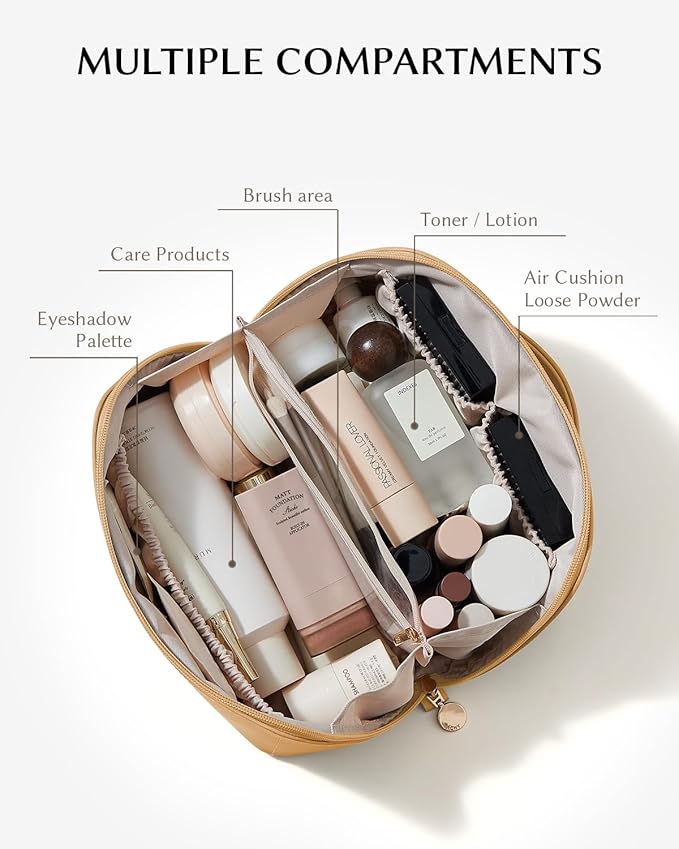 EACHY Travel Makeup Bag,Large Capacity Cosmetic Bags for Women,Portable Pouch Open Flat Toiletry Bag Make up Organizer with Divider and Handle