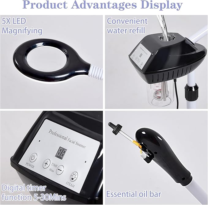 Takeashine Professional Facial Steamer, 2 in 1 Face Steamer on Wheels with 5X Magnifying Lamp for Deep Cleansing and Hydration, with Time Setting for Spa, Salon and Home Use