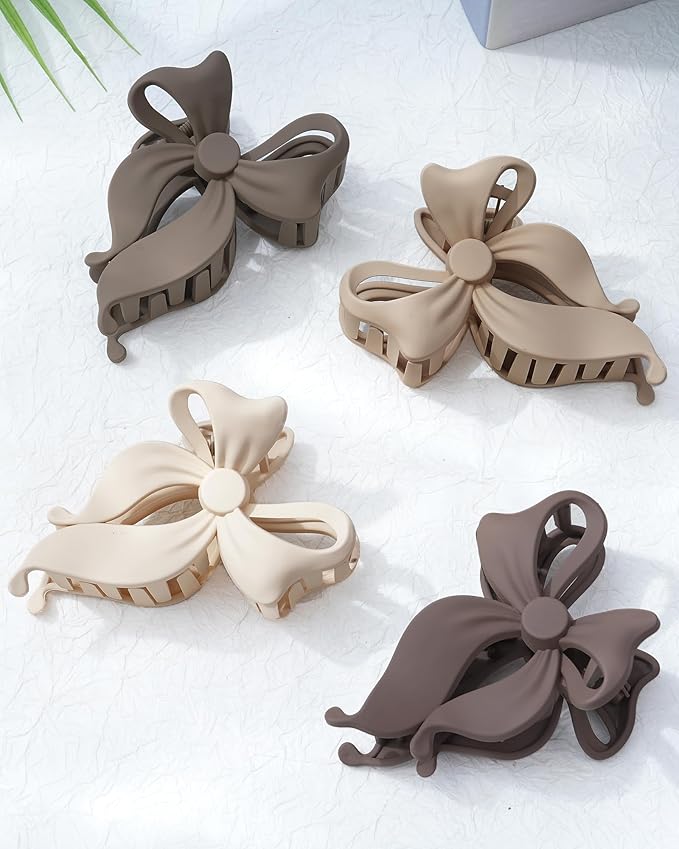 4 PCS Bow Hair Clips Bow Claw Clip for Women, Large Hair Claw Clips for Thin Thick Long Hair Cute Nonslip Bows (Dark khaki+light khaki+Dark Brown+Beige)