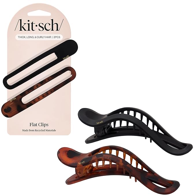 Kitsch Flat Hair Clips for Women - Strong Hold, No Slip Grip Flat Claw Clips | Sleek Curved Design For Comfortable Look | Hair Accessories For Girls - Black & Tortoise, 2pcs