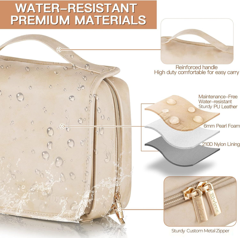Elviros Hanging Travel Toiletry Bag for Women Vegan Leather (Beige)