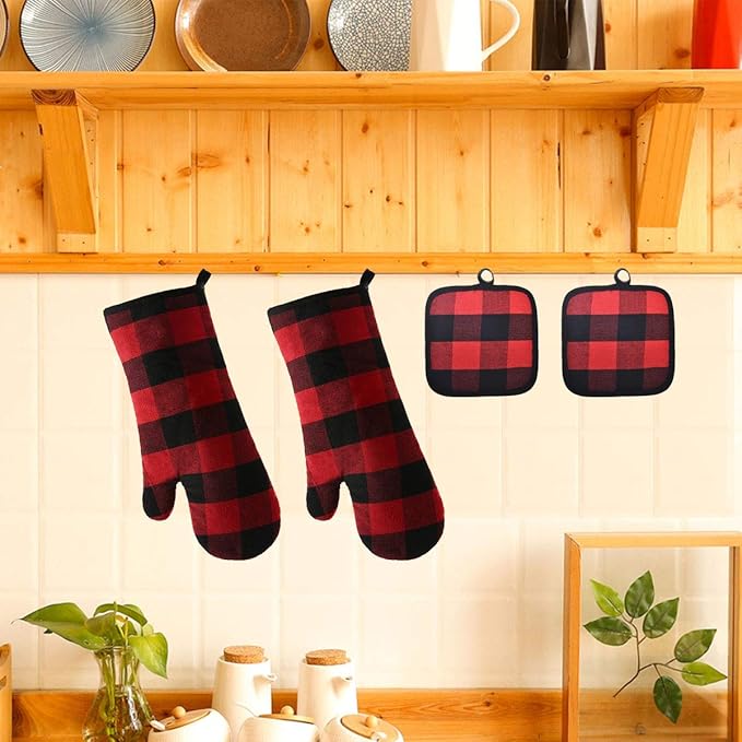 Win Change Oven Mitts and Potholders BBQ Gloves-Oven Mitts and Pot Holders with Recycled Infill Silicone Non-Slip Cooking Gloves for Cooking Baking Grilling (4-Piece Set) (Black/Red)