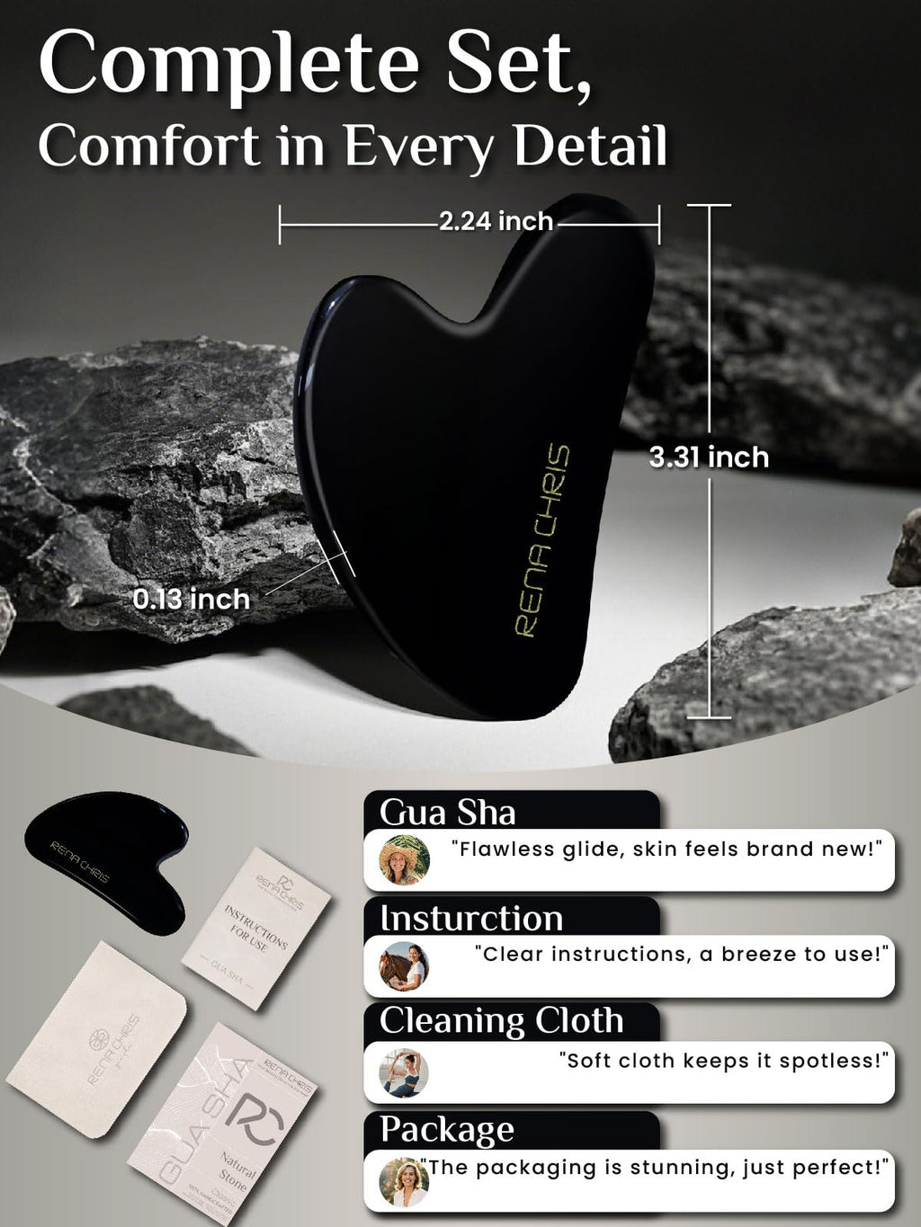 Rena Chris Gua Sha Facial Tools: Natural Obsidian Guasha Tool for Face Acupuncture Therapy, Facial Massager for Jawline Sculpting and Puffiness Reducing (Black)