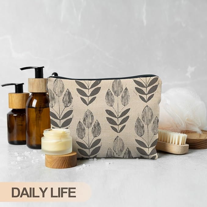 RYYCDOI Vintage Boho Beige Floral Makeup Bag, Modern Farmhouse Green Tulip Flower Cosmetic Bags for Women, Contemporary Leaf Botanical Zipper Makeup Pouch