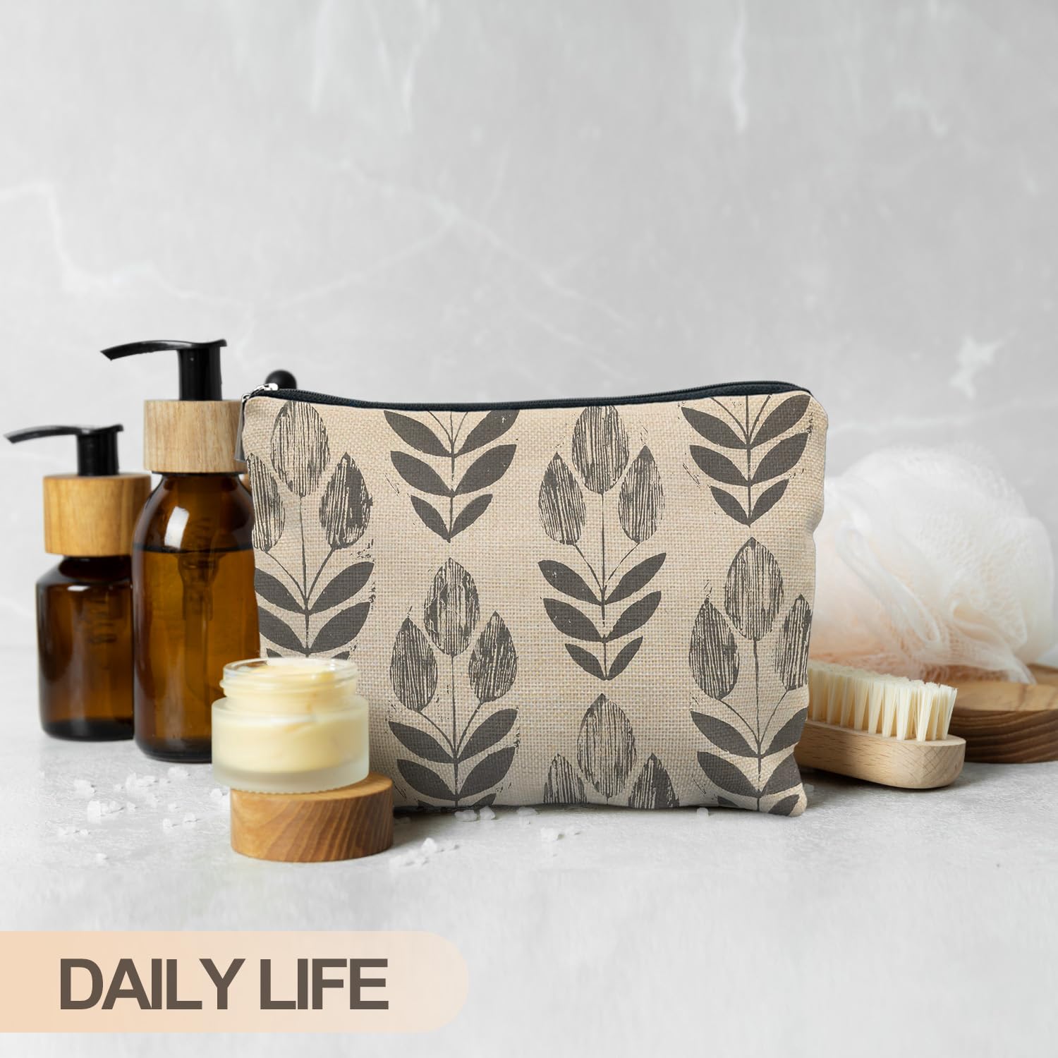 RYYCDOI Vintage Boho Beige Floral Makeup Bag, Modern Farmhouse Green Tulip Flower Cosmetic Bags for Women, Contemporary Leaf Botanical Zipper Makeup Pouch