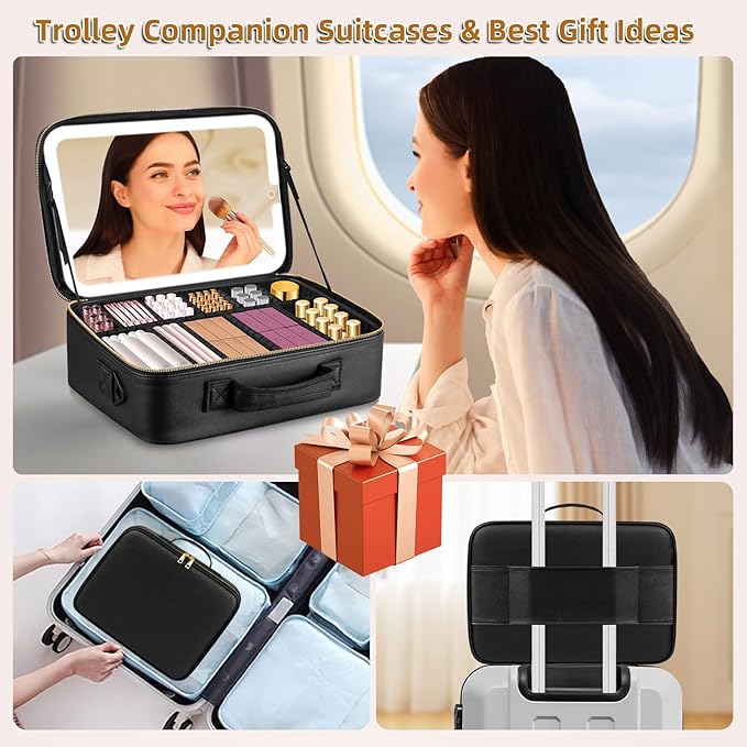 15''X11'' Large Makeup Bag with Removable Lighted Mirror, PU Leather