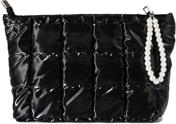 Beayuva Puffer Quilted Makeup Bag Travel Cosmetic Bag Portable Puffy Checkered Toiletry Pouch Skincare Organizer Purse Pencil Case (Black)