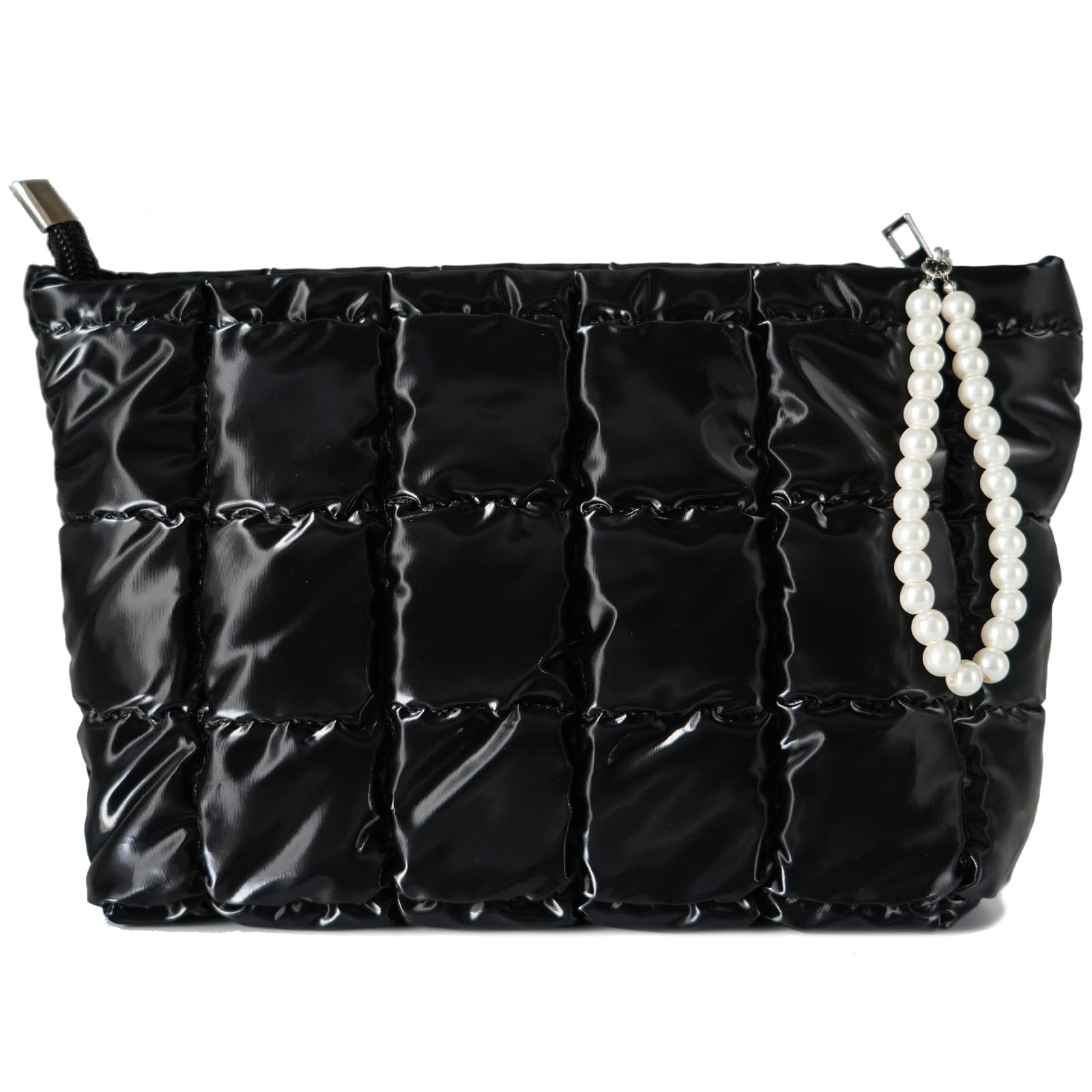 Beayuva Puffer Quilted Makeup Bag Travel Cosmetic Bag Portable Puffy Checkered Toiletry Pouch Skincare Organizer Purse Pencil Case (Black)