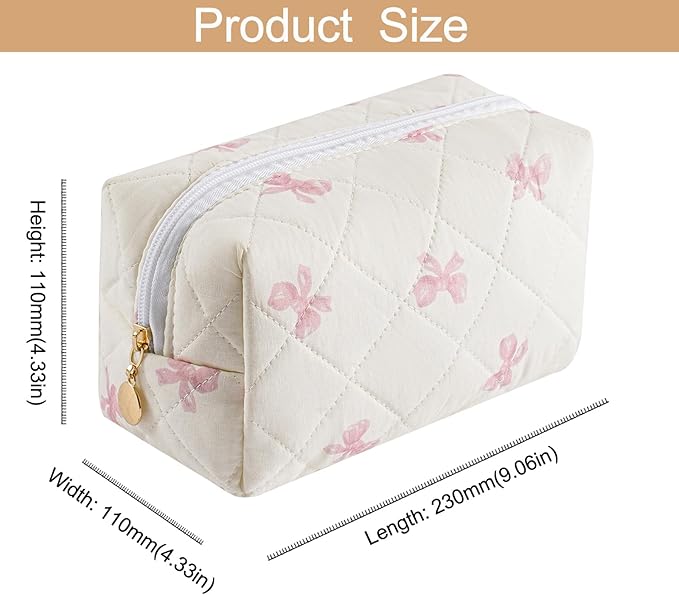 HHQQWZ Makeup Bag Travel Cosmetic Bag for Women Girls, Zipper Make Up Pouch, Floral Flowers Toiletry Organizer Makeup, Portable Storage Cosmetic Travel Cloth Bag (Blue Floral+Pink Bow Tie)