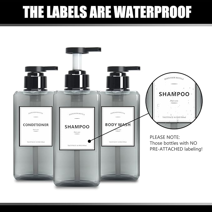 Soap Dispenser for Kitchen, YACEYACE 16.9oz Set of 3 Clear Grey Soap Dispenser Bottles Set, Refillable Pump Shampoo Dispenser Bottles with Label