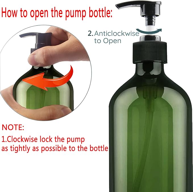 Empty Plastic Bottles with Pump Dispenser, 500ml/16.9oz (Green, 6 Pack)