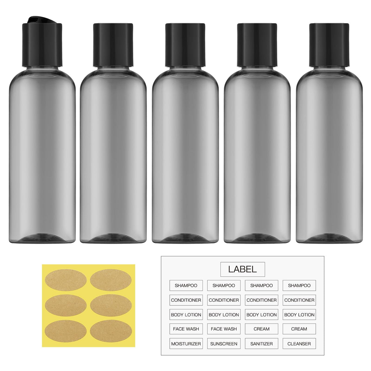 Travel Bottles for Toiletries, 3.4 oz Travel Size Containers, 5pcs, Black