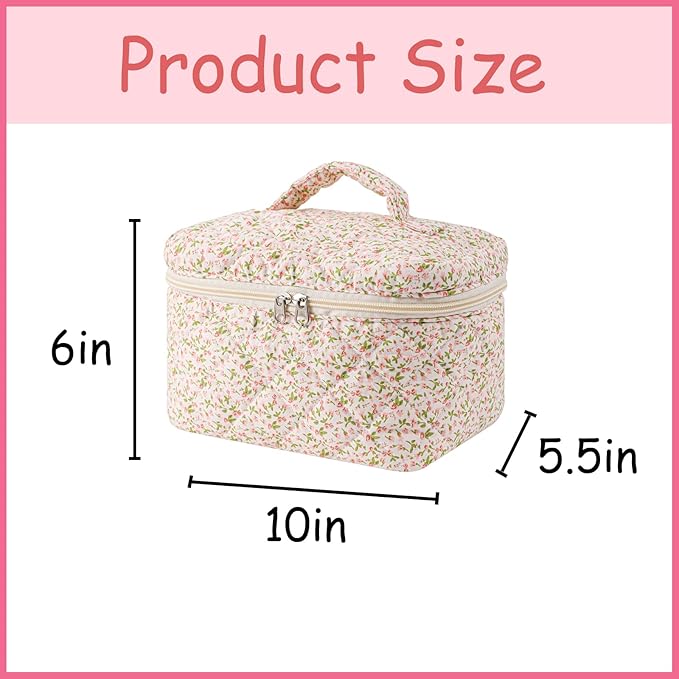 uekeboag Large Travel Quilted Makeup Bag for Women, Floral Cotton Cosmetic Bag, Coquette Aesthetic Floral Toiletry Organizer Bag(Little Pink Flower
