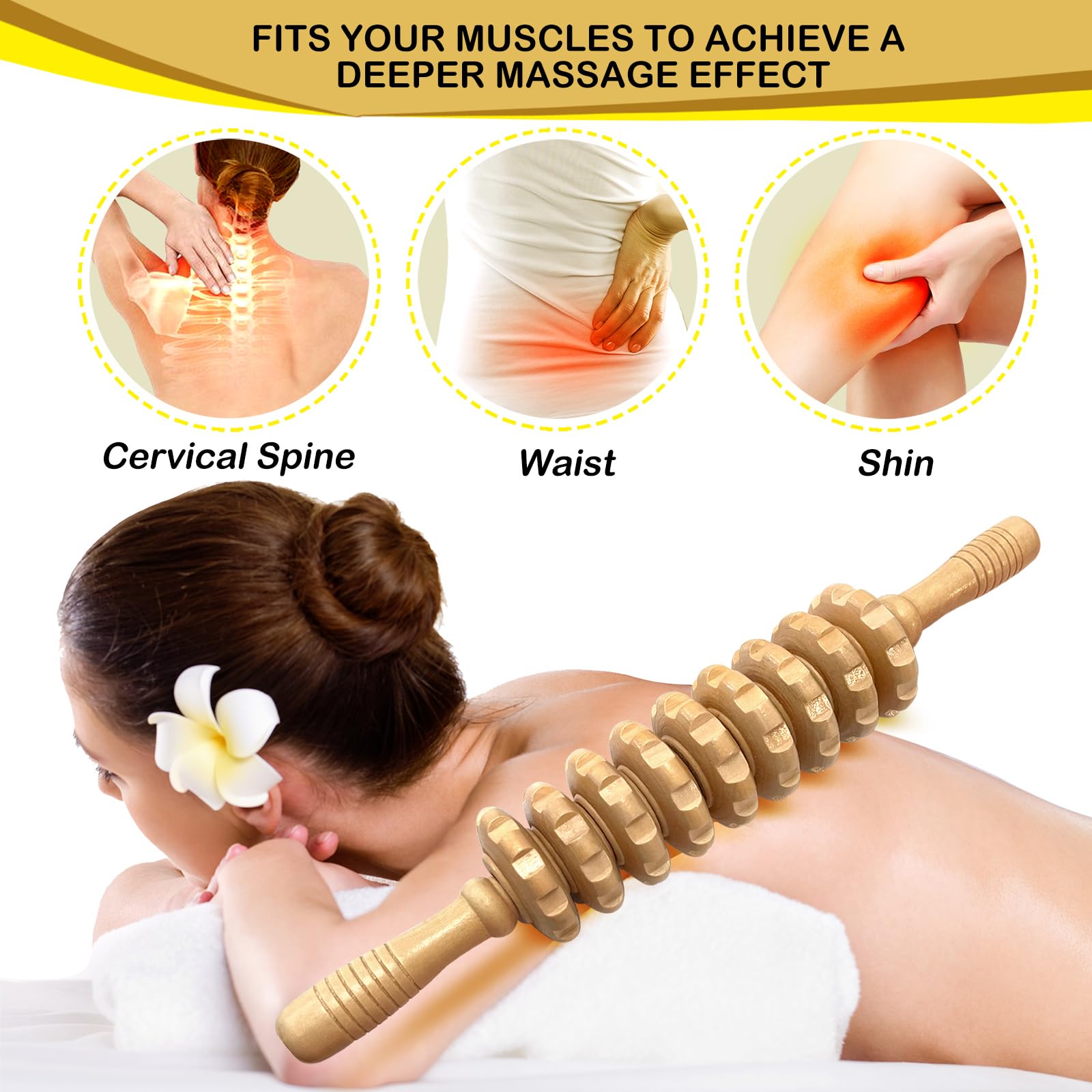 Deston Manual Massager Wooden Handheld Roller Trigger Point Massager Stick for Fascia, Cellulite, Muscle & Abdomen, Body Therapy Massager, Muscle Belly Relief Tool, Natural Wood