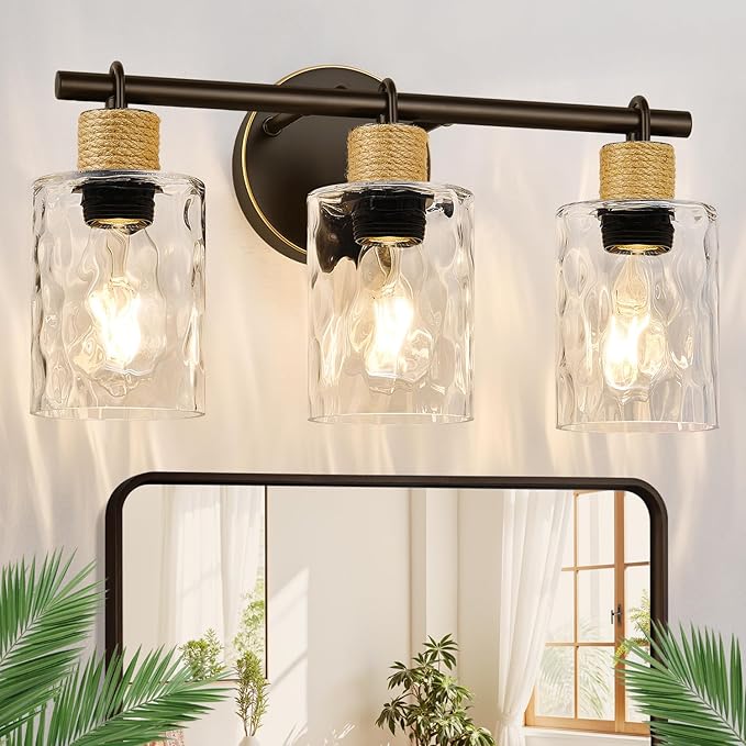 Bathroom Light Fixtures, 3-Light Coastal Vanity Lights with Crystal Glass Shade, Oil-Rubbed Bronze Bathroom Wall Lamp for Mirror Kitchen Hallway Cabinet