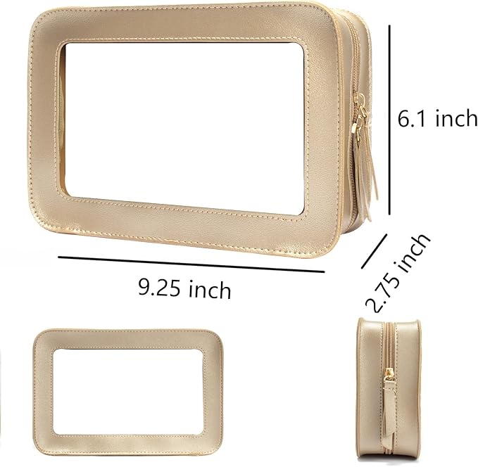 Clear Makeup Bag Organizer, TSA Approved Portable Travel Toiletry Bag Clear Cosmetic Bag Case Small Make Up Bag Mini Makeup Pouch for Purse Transparent Car Essentials for Women Men (Gold)