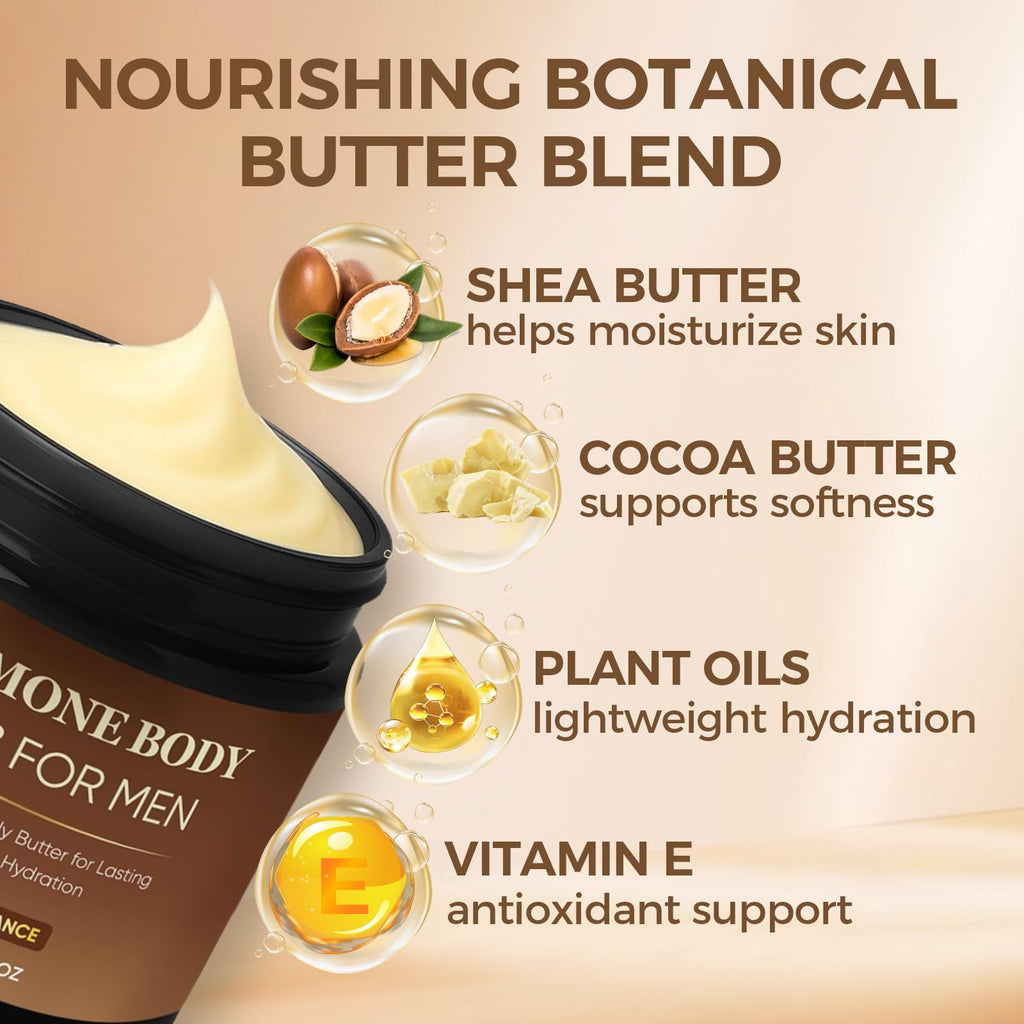 RTQSU Pheromone Body Butter For Men, Skin body butter for men with Shea Butter, Cocoa Butter & Coconut Oil, Alcohol-Free, Vega, Long-Lasting Masculine Scent, Non-Greasy