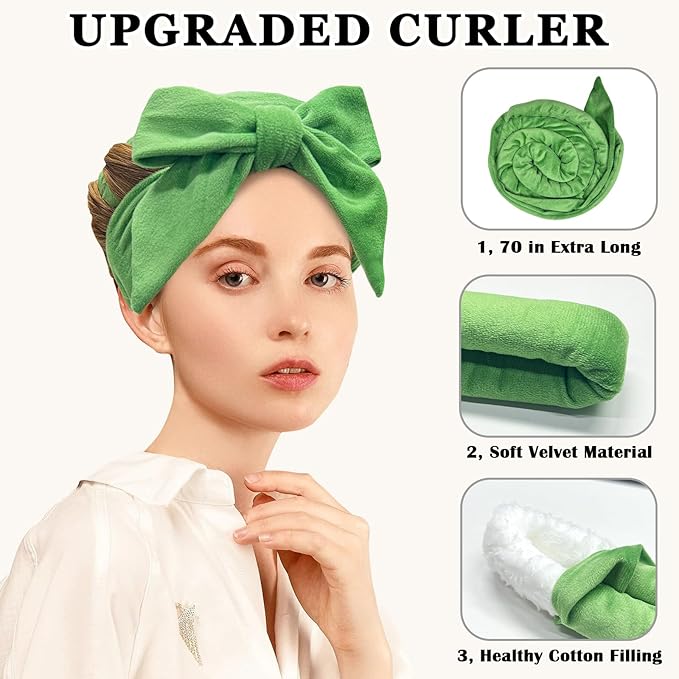 Gwabee Heatless Curls Overnight Hair Curlers to Sleep In, 9 PCS Velvet Heatless Hair Curler Overnight Curls for Women Long Medium Hair Volumes, Heatless Curling Waves Set with Sleep Bonnet - Green