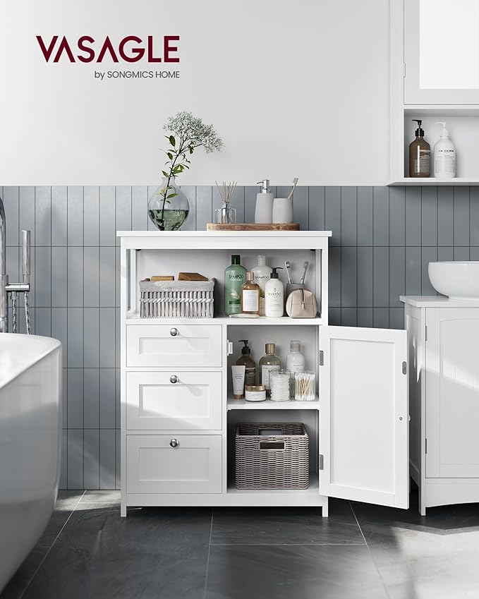 VASAGLE Floor Storage Cabinet, Freestanding Storage Unit with 3 Drawers, Adjustable Shelf, 11.8 x 23.6 x 31.5 Inches, for Living Room, Bathroom, Entryway, White UBBC542P31V2