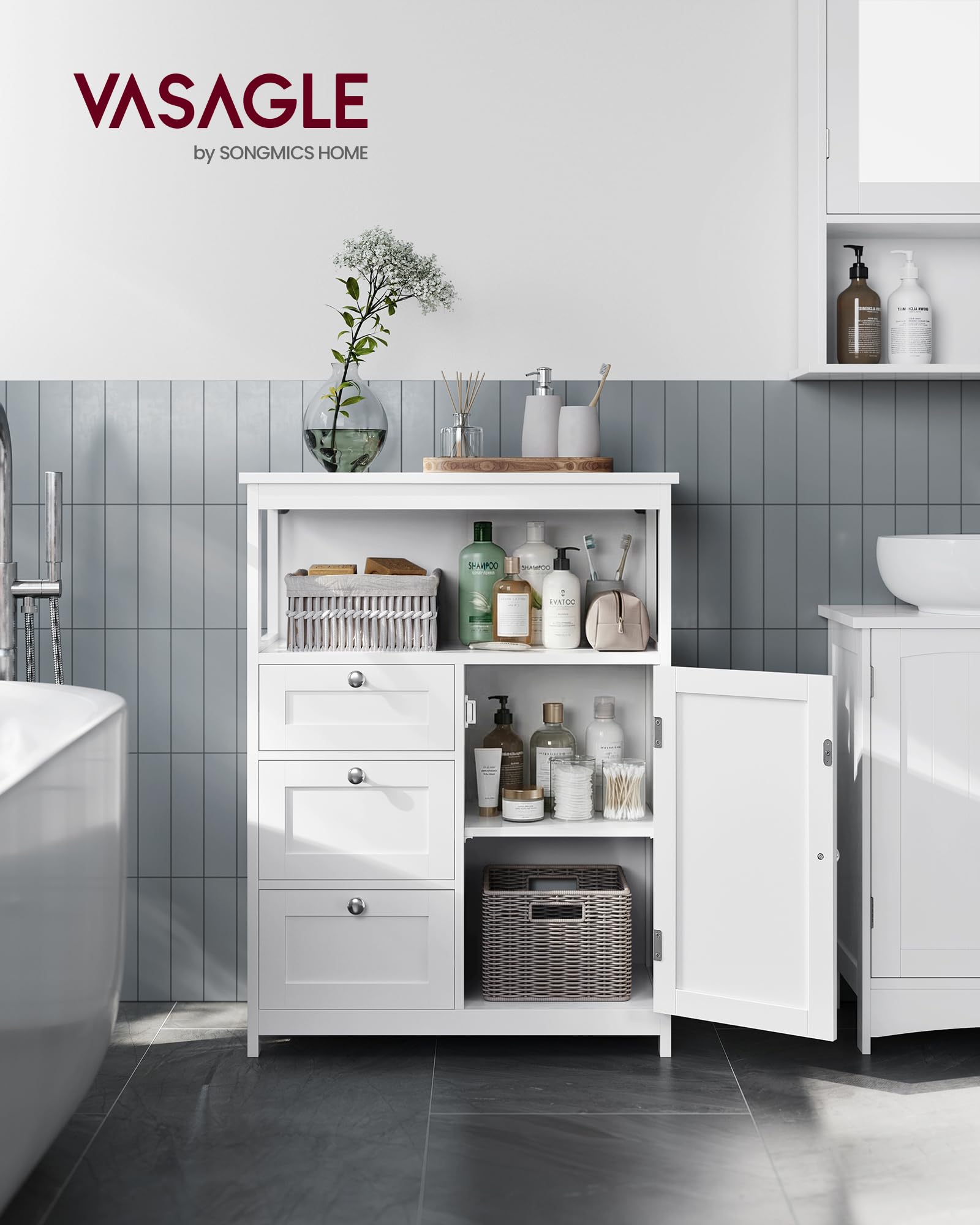 VASAGLE Floor Storage Cabinet, Freestanding Storage Unit with 3 Drawers, Adjustable Shelf, 11.8 x 23.6 x 31.5 Inches, for Living Room, Bathroom, Entryway, White UBBC542P31V2