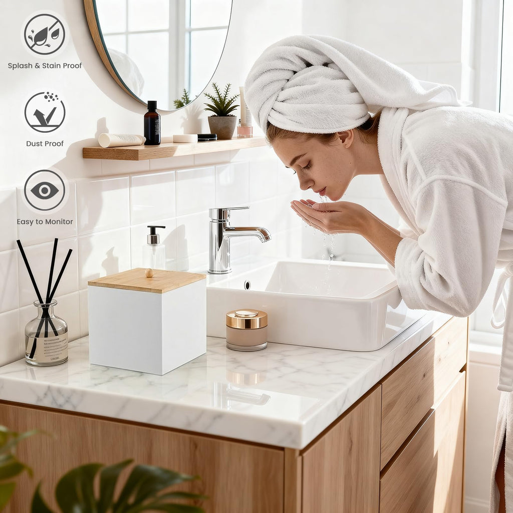 Puricon Acrylic Disposable Facial Towels Holder, Storage Bin with Wood Lid Compatible with Clean Skin Club Towel (NOT Included), Face Towelettes Container for Bathroom Counter -White