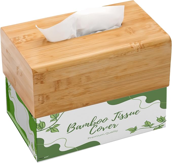PERFORMORE Bamboo Tissue Box Cover - Water-Resistant Rectangular Wooden Facial Tissue Box with Sliding Bottom - 27x15.5x11.5 cm Wood Kleenex Box Holder - Ideal for Bathroom, Office Desk & Nightstand