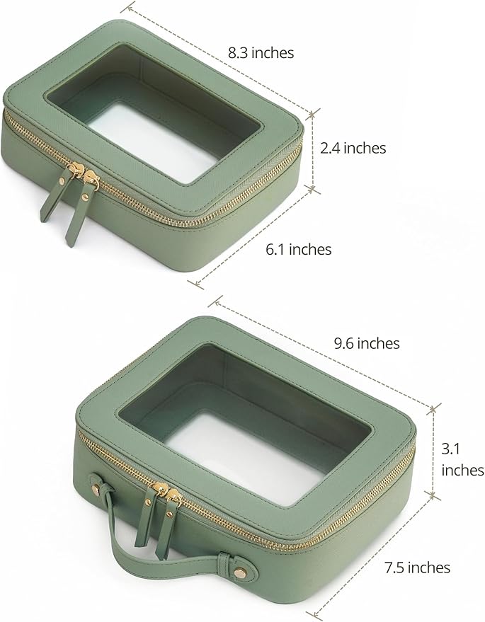 Popvibe Clear Makeup Bag Travel Cosmetic Case Transparent Toiletry Bag with Zipper, Portable Make Up Organizer Traveling Compact Car Bag for Essentials, Sage Green, Medium and Large